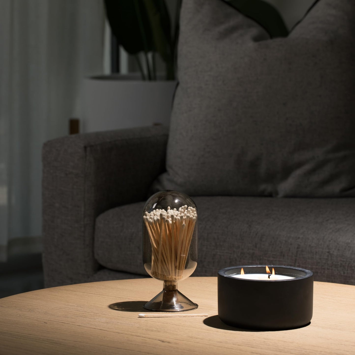 MILAVERA Premium Smoke Glass Cloche - Decorative Jar with Striker. Holder for Long Matches for Candles, Fireplace, Bathroom Accessories, Bath Salts. Includes Attachable Match Striker. (No Matches)