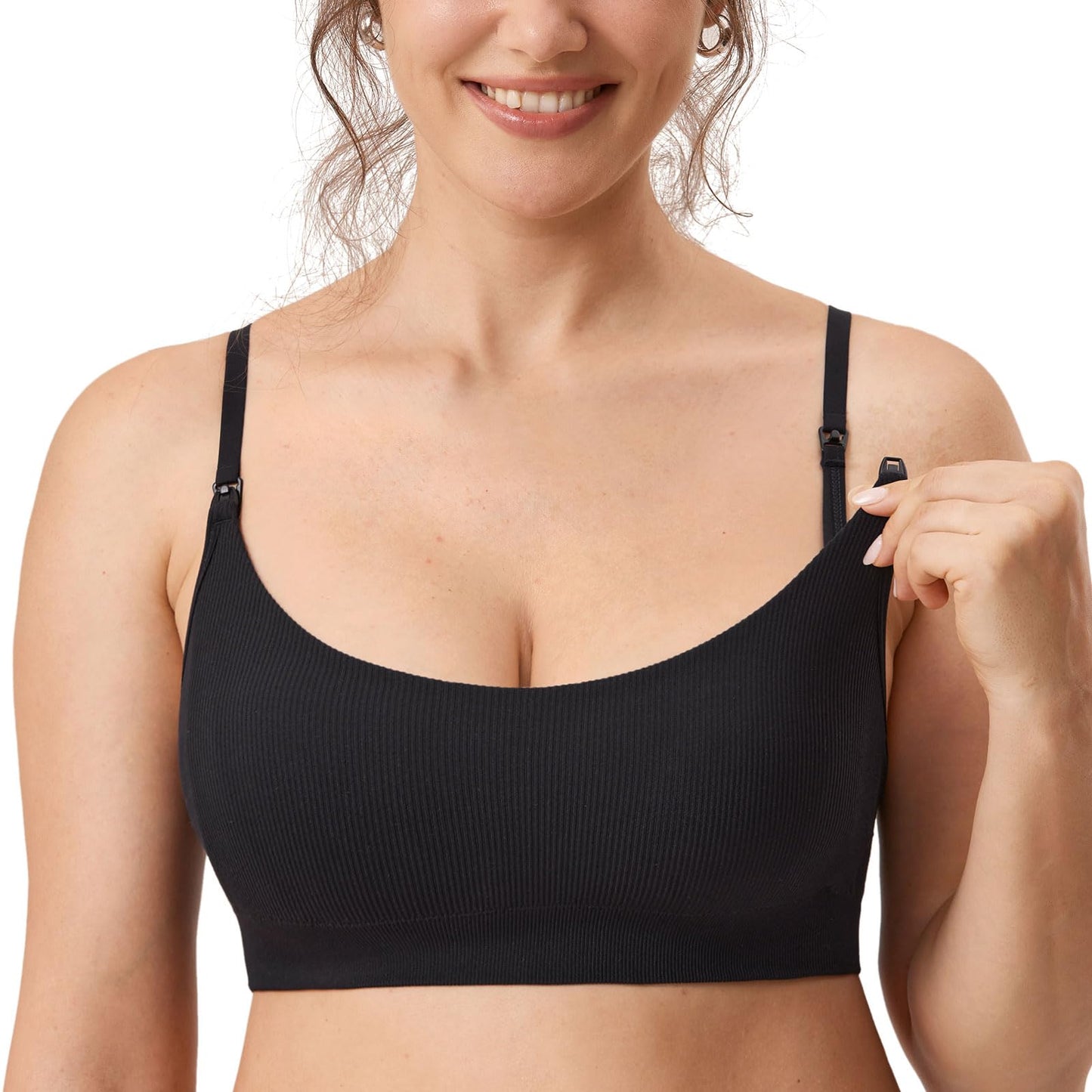 MOMANDA Women's Ribbed Nursing Bras Seamless Bralettes Maternity Wirefree Sports Breastfeeding Bra Black 2 L