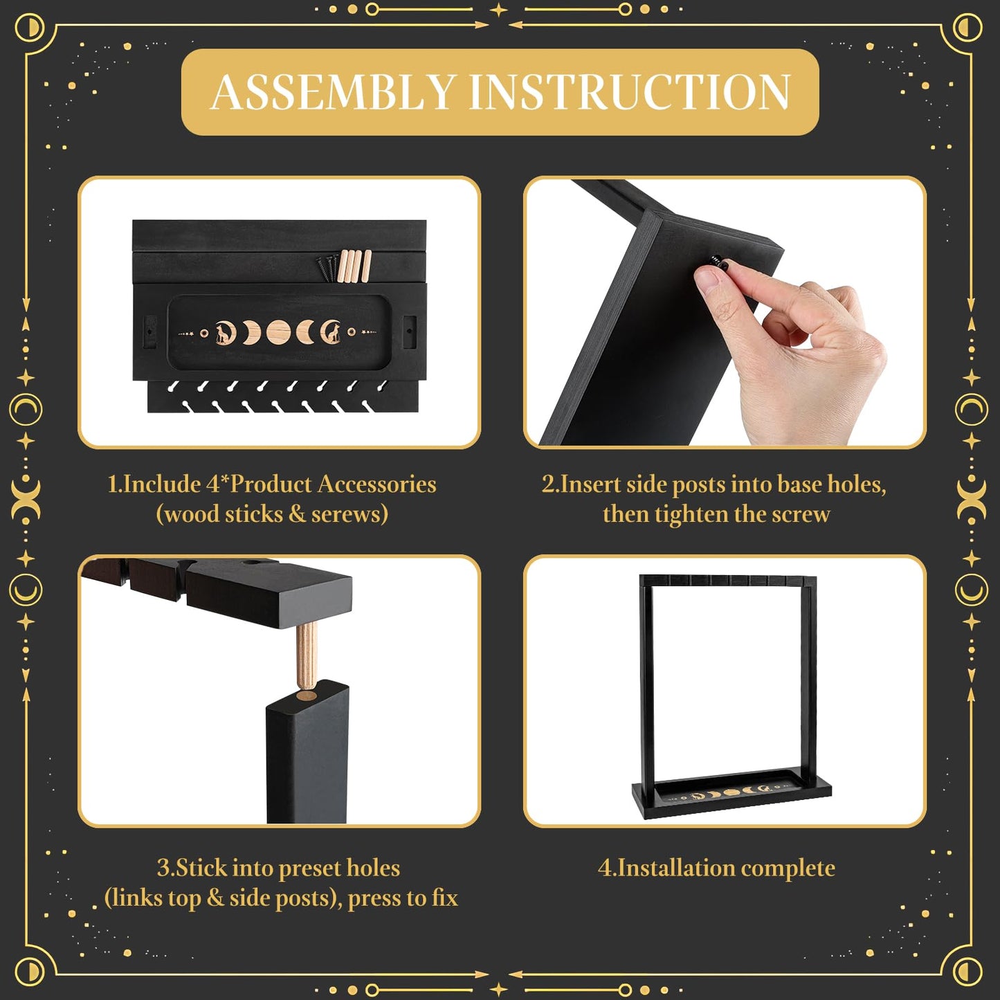 Ceiner Black Pendulum Crystal Display Holder, Wood Witch Rock Stone Stand, Moon Phase Wiccan Supplies Incense Rack Shelf with Tray for Witchcraft Gift Organizer 15 Pendulum Necklaces