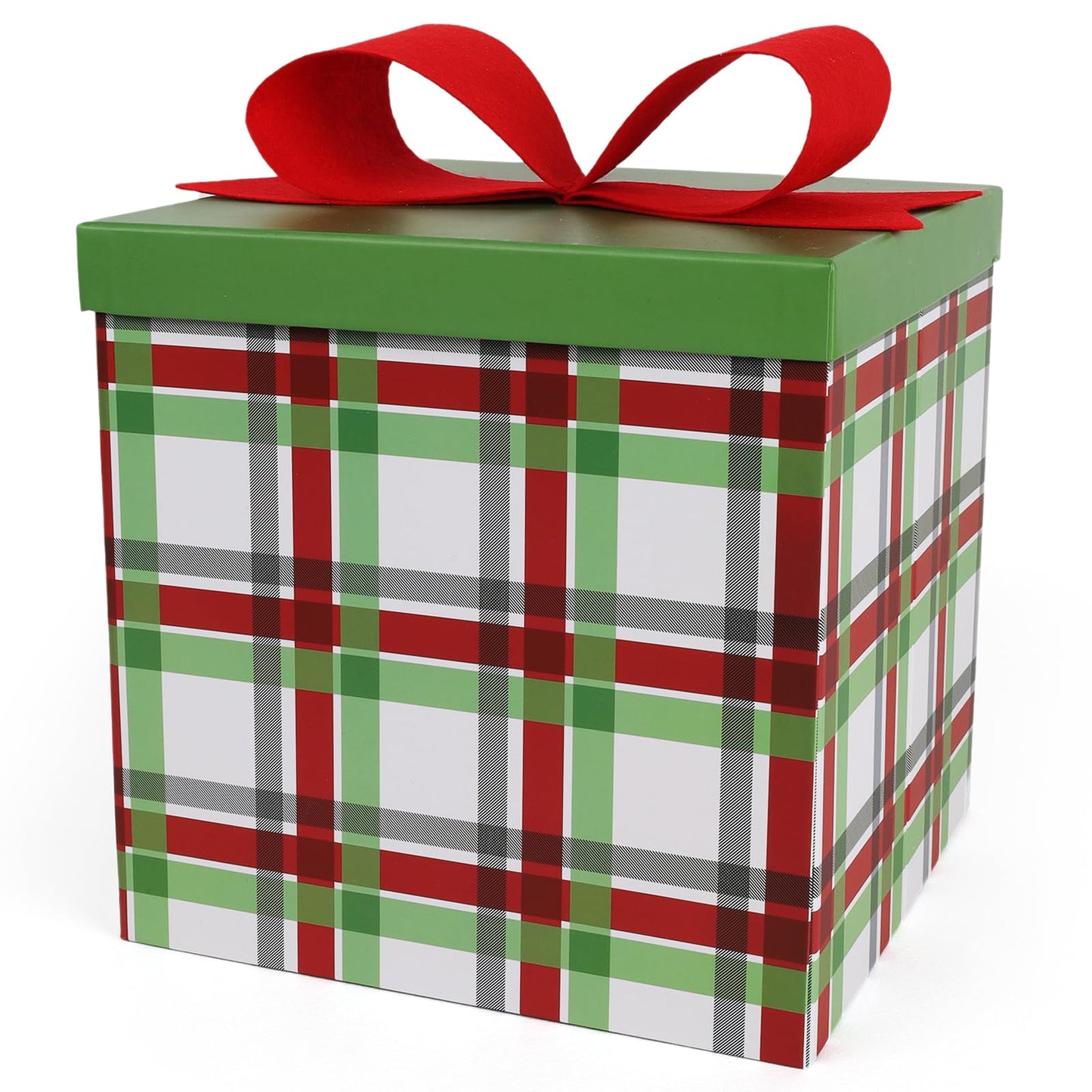 LaRibbons Large Christmas Gift Boxes with Lids,10x10x10 Inches Plaid Design Folding Square Gift Boxes for Christmas Decorative,Xmas,Present,Storage,Red and Green