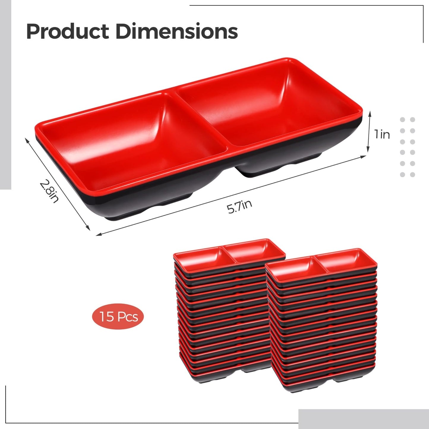 Tideme 15 Pcs Dual Dipping Bowls, Melamine Soy Sauce Dishes, Black Red Sushi Sauce Dipping Plates, Japanese Style Divided Cups, 2 Compartments Appetizer Serving Trays for Kitchen, Restaurants