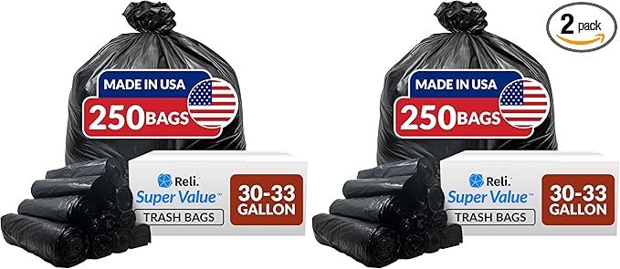 Reli. 30-33 Gallon Trash Bags Heavy Duty | 250 Count Bulk | Black Large Trash