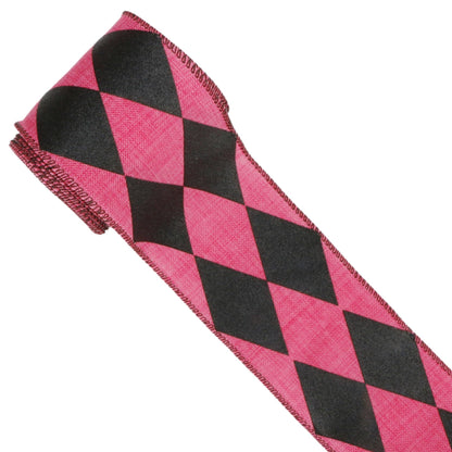 Meseey Pink & Black Glitter Harlequin Diamond Wired Ribbon 2.5 Inch 20Yards, Multi-Season Decor Ribbon for Halloween Fall Xmas Gift Craft