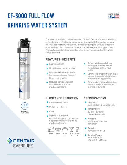 Pentair Everpure EF-3000 Quick-Change Filter Cartridge, EV985750, for Use in Everpure EF-3000 Full Flow Drinking Water System, 3,000 Gallon Capacity, 0.5 Micron