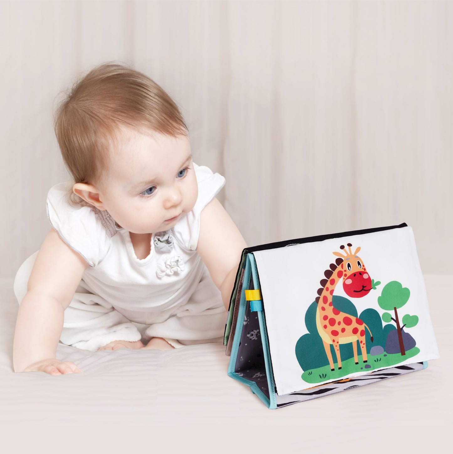 TINITIGIES Tummy Time Mirror for Babies - High Contrast Book with Large Stimulating Baby Safe Mirror & Silicone Teether & Crinkle Pages - Perfect Tummy Time Toys for Babies 0 3 6 9 Months