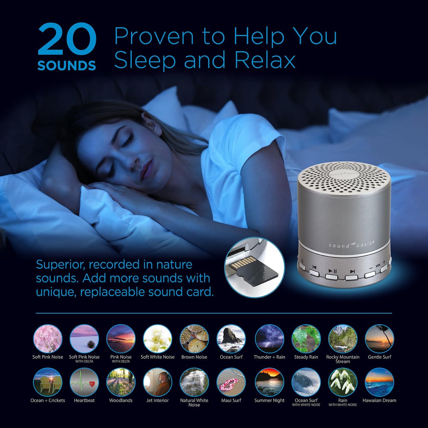 Sound Oasis Bluetooth White Noise Machine – Portable Sound Machine with 20 Non-Looping Nature, Pink & Brown Noise Sounds, Tinnitus Masker for Sleep, Baby, Office & Travel, Rechargeable