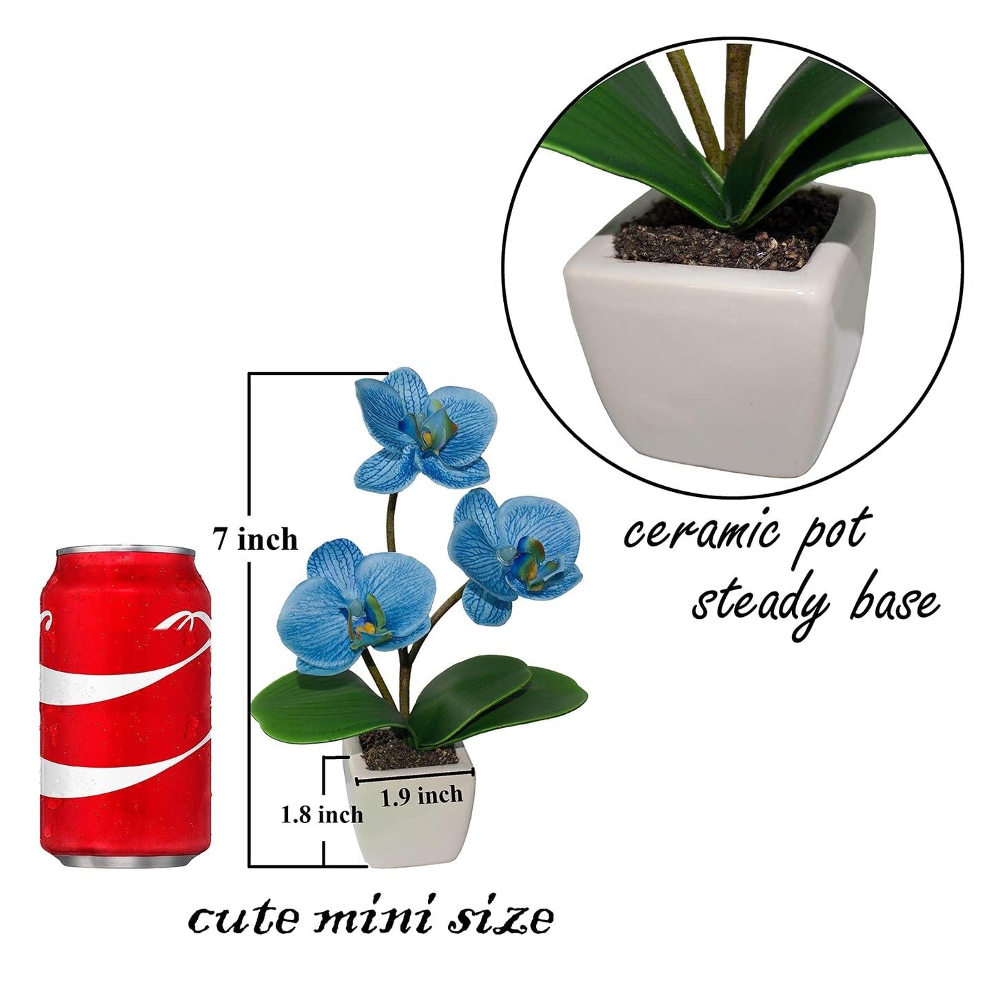 BINFEN Mini Artificial Silk Orchid Potted Flowers - 4pcs Real Touch Fake Small Plants in Ceramic Vase for Home Office Bathroom Living Room,Tiny Faux Table Shelf Decor White & Blue