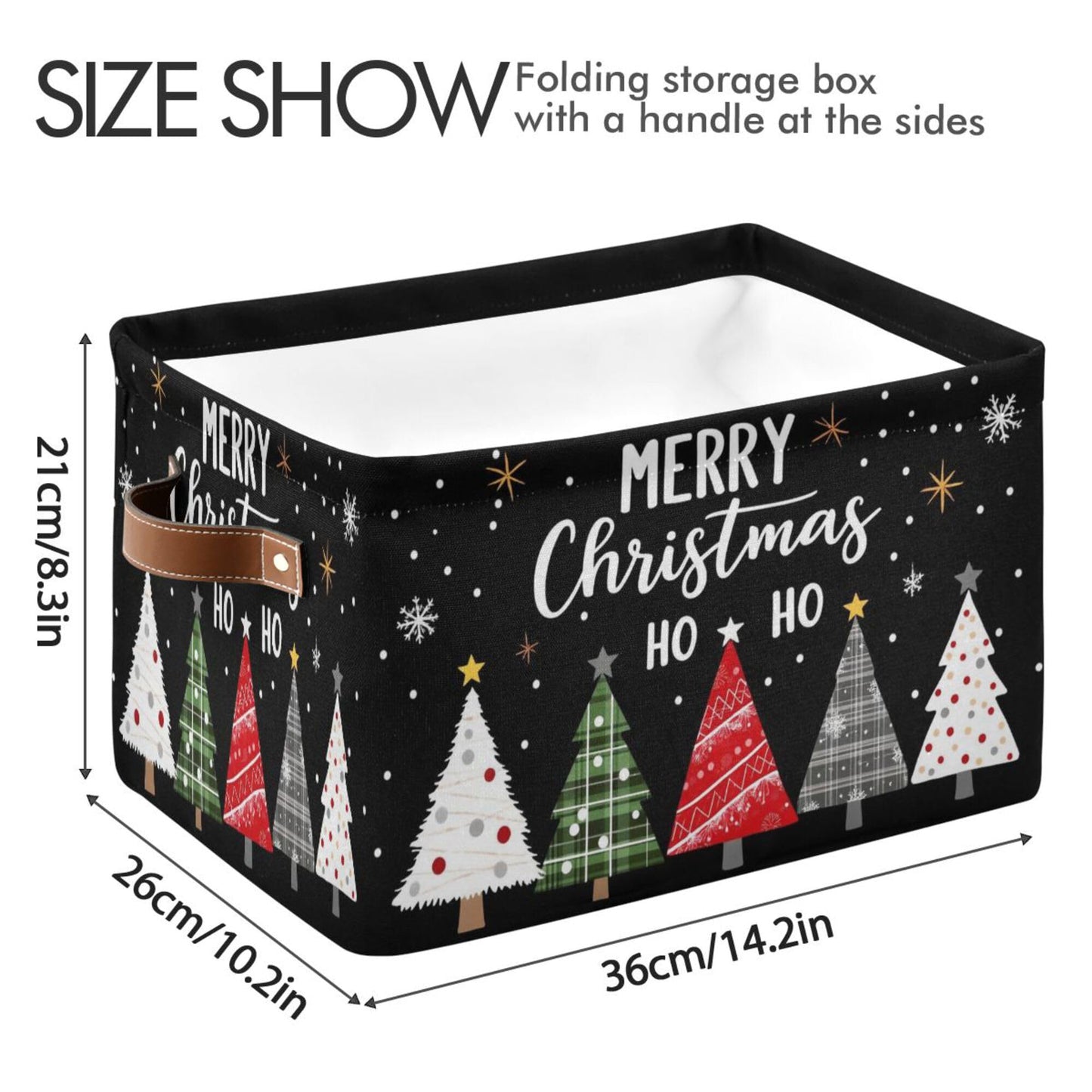 Merry Christmas Tree Black Storage Basket with Waterproof Liner and PU Handles Winter Snowflake Xmas Storage Bins Boxes 14.2" Collapsible Decorative Organizer Baskets for Bedroom Closet Office 1 Pack