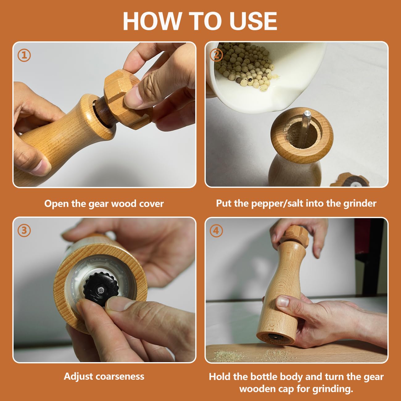 Wooden Salt And Pepper Grinder Set –【Gear-Shape Knob & Effortless Grinding】8 Inch Manual Refillable Pepper Grinder Set (2)