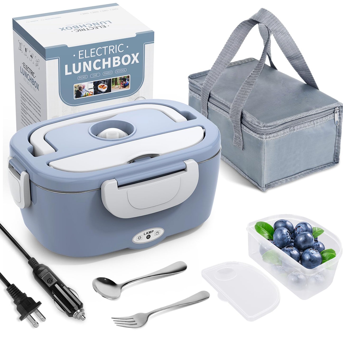 Electric Lunch Box Food Heater, 3 in 1 Ultra Quick Heated Lunch Boxes for Adults, 12V/24V/110V Portable Food Warmer for Car/Truck/Office With Fork Spoon and Insulated Carry Bag