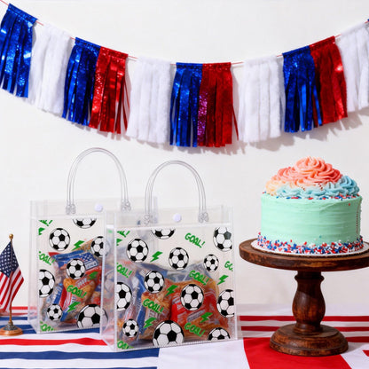 24Pcs Soccer Clear Goodie Bags - 7.9 x 7.9 x 3.15 Inch Plastic Favor Bags with Handles for Soccer Sport Theme Birthday Party, Team Treat Snack Bag, Gifts Bags for Team Celebration, Sports Party Supplies