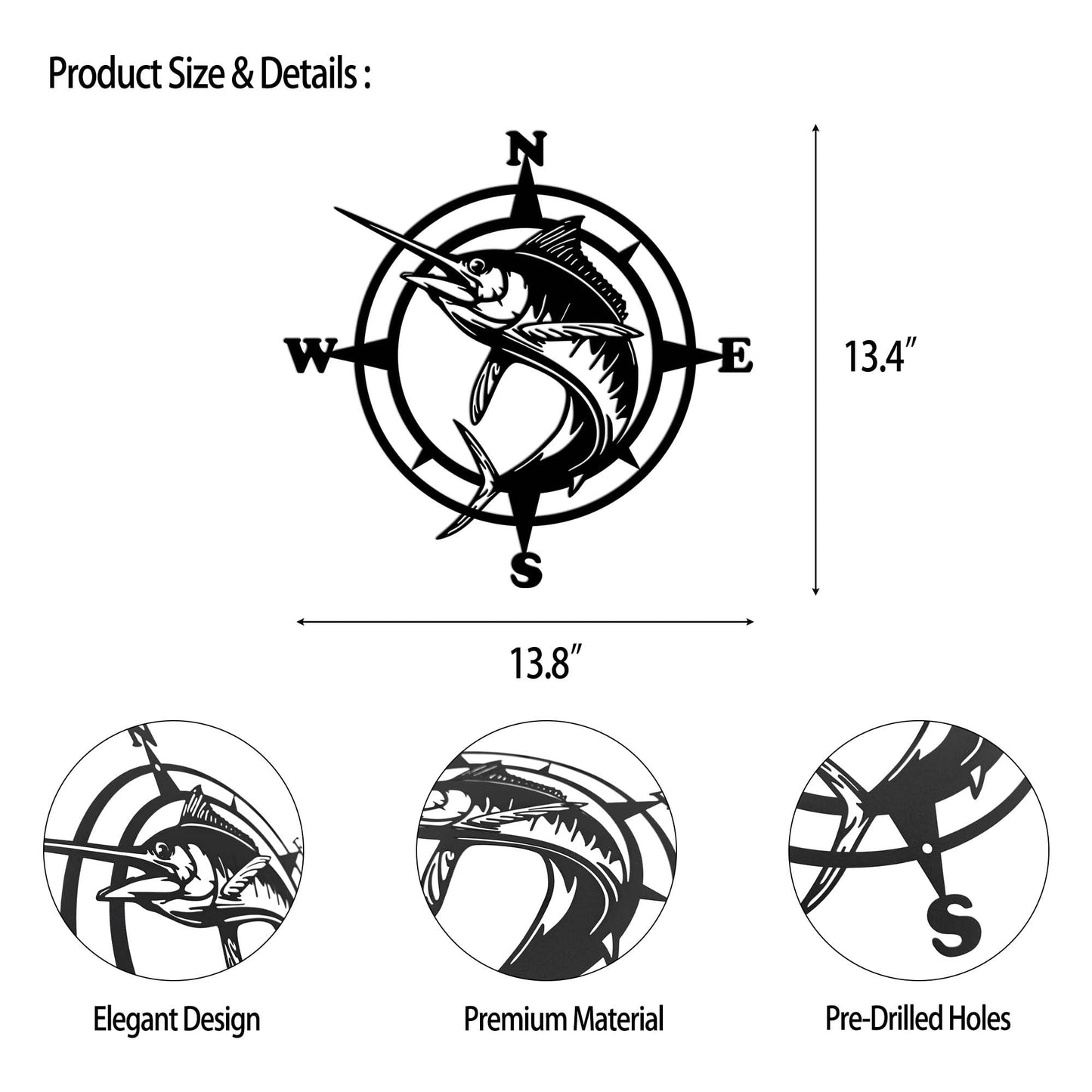 Xedatric Stylish Fishing Decor – Compass Wall Art with Jumping Swordfish, Perfect for Nautical and Marine Enthusiasts, Durable Metal Wall Sculpture for Home & Kitchen