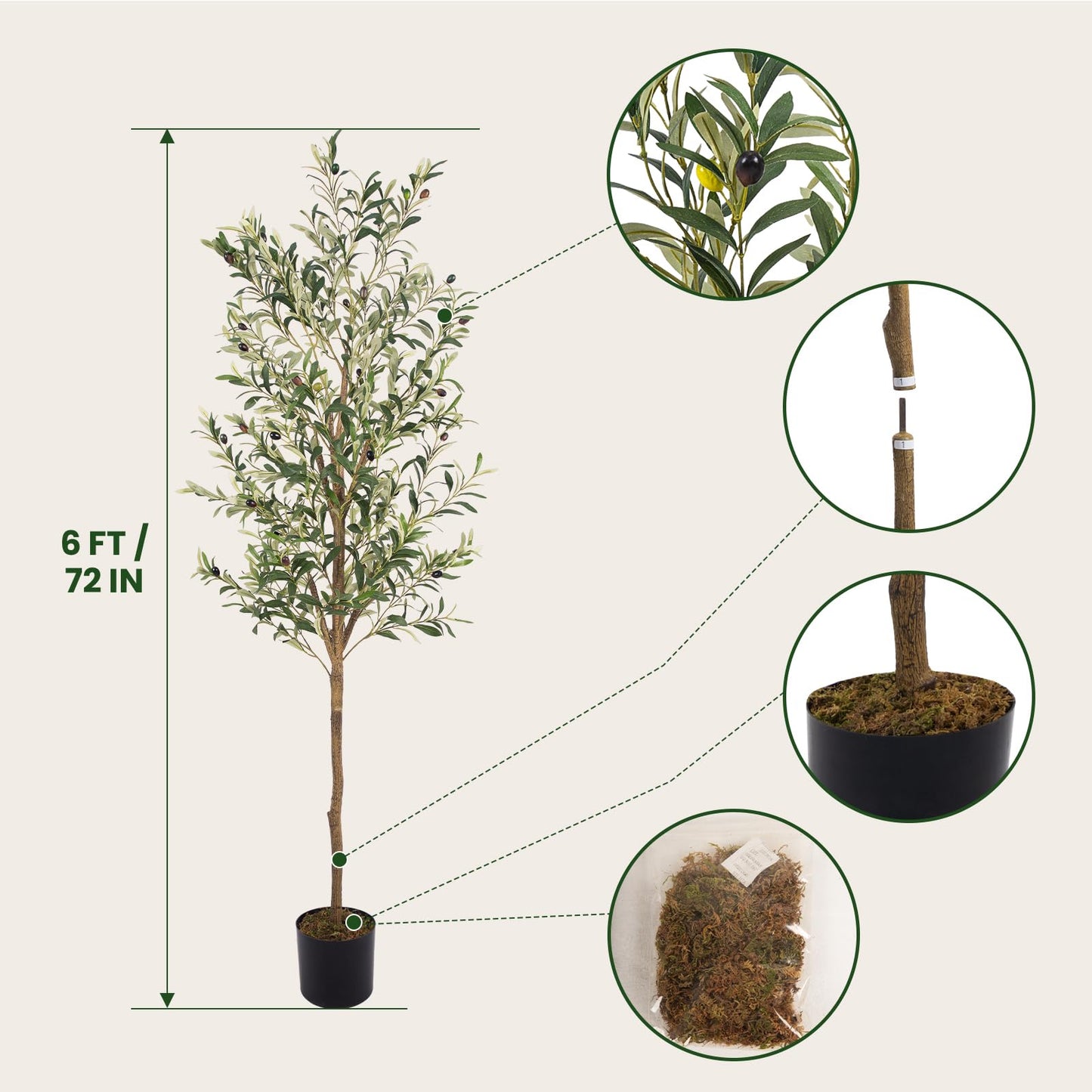 MCTYBB Artificial Fake Olive Tree 6FT Tall 1Pack Faux Silk Olive Tree for Home Living Room Office Decor Faux Artificial Plants Indoor Fake Potted Plants with Fruit & Free Moss