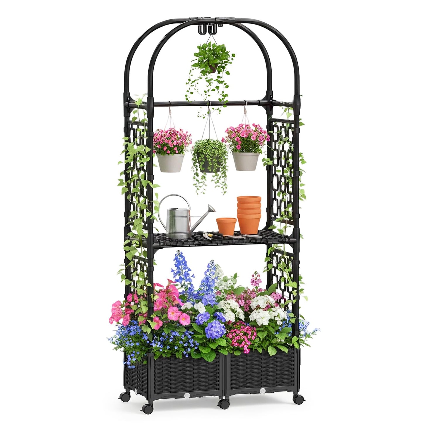 MQHUAYU 71"x16"x32" Planter Box with Trellis, 3-in-1 Self-Watering Planter Box with Wheels for Patio,Raised Garden Bed with Trellis, Drainage Holes & Metal Storage Rack for Vine Climbing Plants