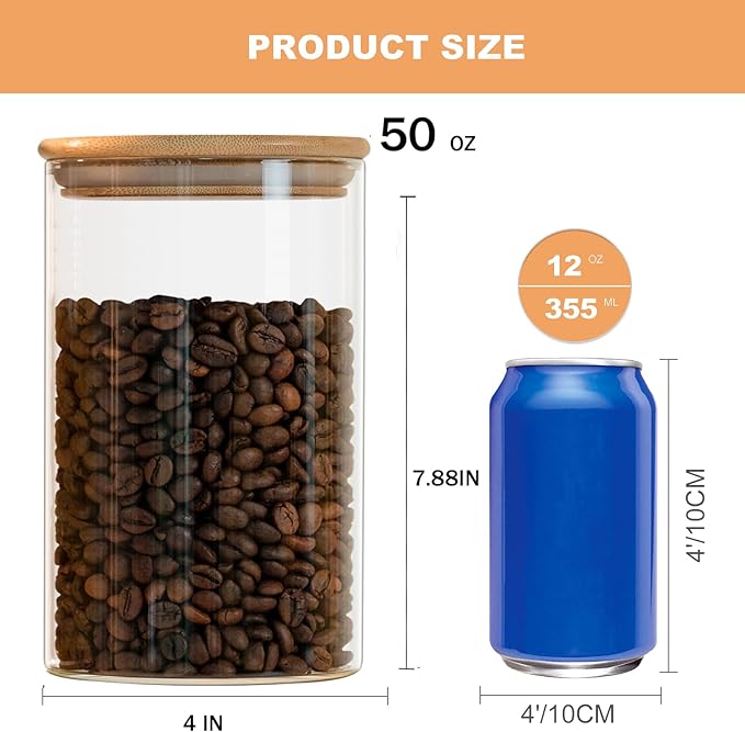 Liuruiyu 50oz Glass Food Storage Jars Set of 6, Glass Storage Containers Clear