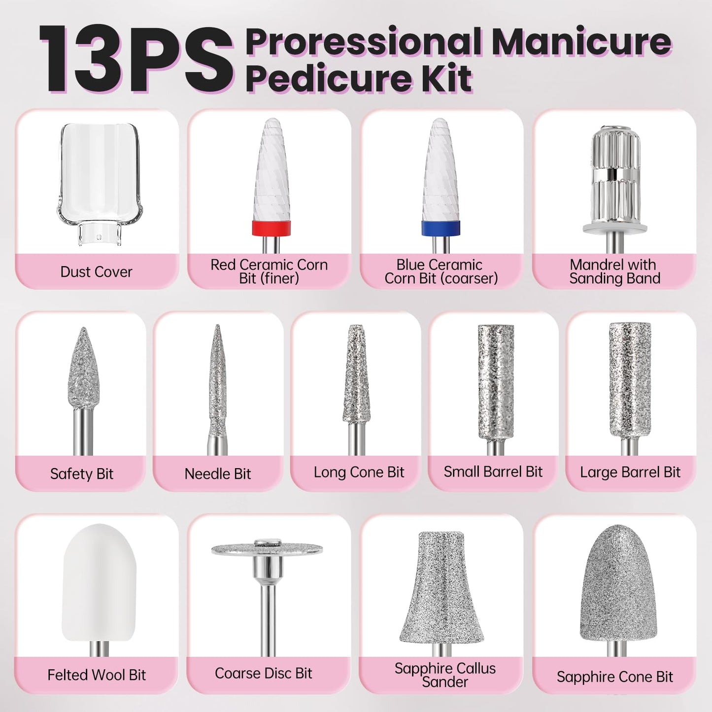 Electric Nail Drill, Cordless 2000 mAh Rechargeable Portable Nail File 12 in 1 Kit for Thick Toenails, 10 Speeds Nail Dril Machine Professional Manicure Pedicure for Hand Natural Nails Care (White)