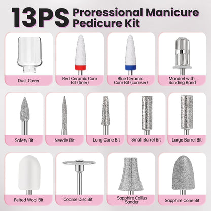 Electric Nail Drill, Cordless 2000 mAh Rechargeable Portable Nail File 12 in 1 Kit for Thick Toenails, 10 Speeds Nail Dril Machine Professional Manicure Pedicure for Hand Natural Nails Care (White)