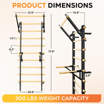 GymYard Swedish Ladder, Wood Stall Bar, Swedish ladders Wall Gym Adult, Adjustable Pull Up and Dip Station for Adults and Kids, 9-Anchor Solid Pine, Home Fitness