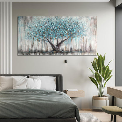 Arjun Tree Wall Art Teal Blue Nature Tree of Life Abstract Canvas Painting Textured Picture, Modern Large Panoramic Landscape Artwork Framed for Living Room Bedroom Bathroom Office Home Decor 40"x20"