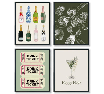 ULEGIE Bar Wall Decor Bar Cart Decor, Trendy Retro Champagne Cocktail Cheers Wall Art Decor Set of 4, Bar Poster, Bar Art Wall Decor Posters for Home Lounge Bar Club Kitchen, 8x10 Inch Unframed