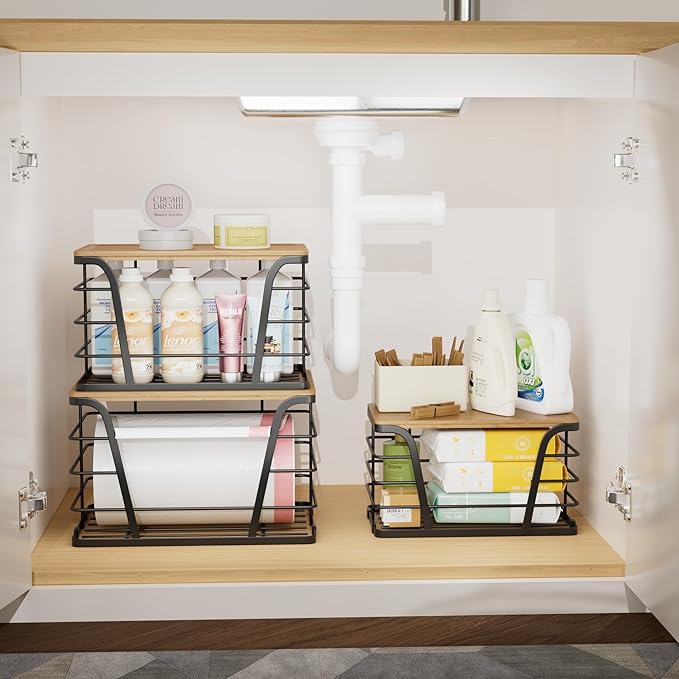 3 Pack Stackable Pantry Organizer, Trash Bag Dispenser Under Sink, Kitchen