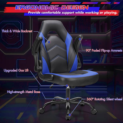 Sweetcrispy Computer Gaming Desk Chair - Ergonomic Office Executive Adjustable Swivel Task PU Leather Racing Chair with Flip-up Armrest for Adults, Kids, Men, Girls, Gamer, Black Blue