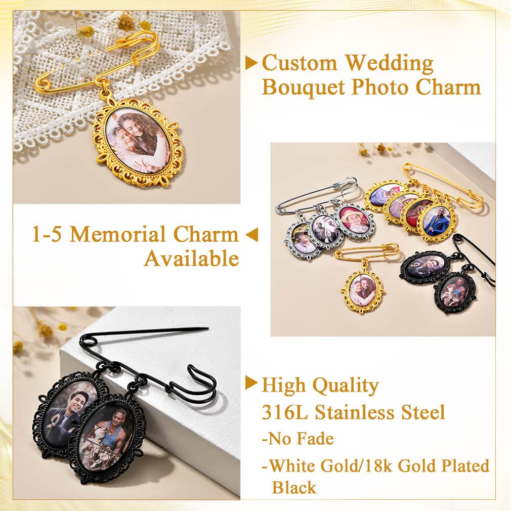 Custom4U Wedding Bouquet Charms Memorial Engraved with 4 Pictures Heart Shaped Memory Photo Charm for Bride Groom Mother Father