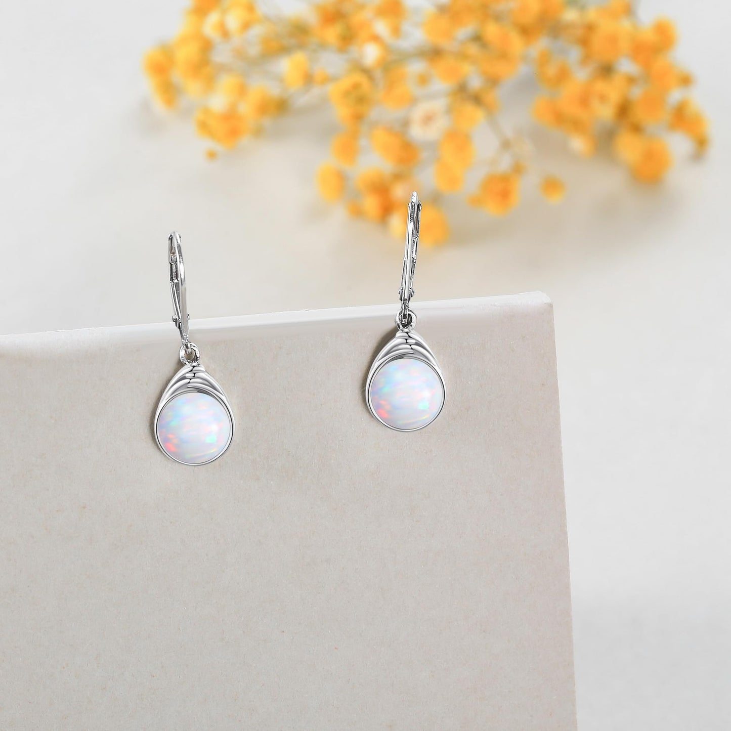 POPLYKE Opal Earrings Dangle for Women Sterling Silver Round White Opal Leverback Earrings White Opal Earrings Jewelry