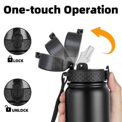 OLDLEY Stainless Steel Water Bottle with Straw 1L Vaccum Insulated Large Drink Flask Metal Water Bottles 1 Litre Leakproof Keep Drinks Hot Cold for Bike Sports Gym Adult Women Men(Black,1 Lid)