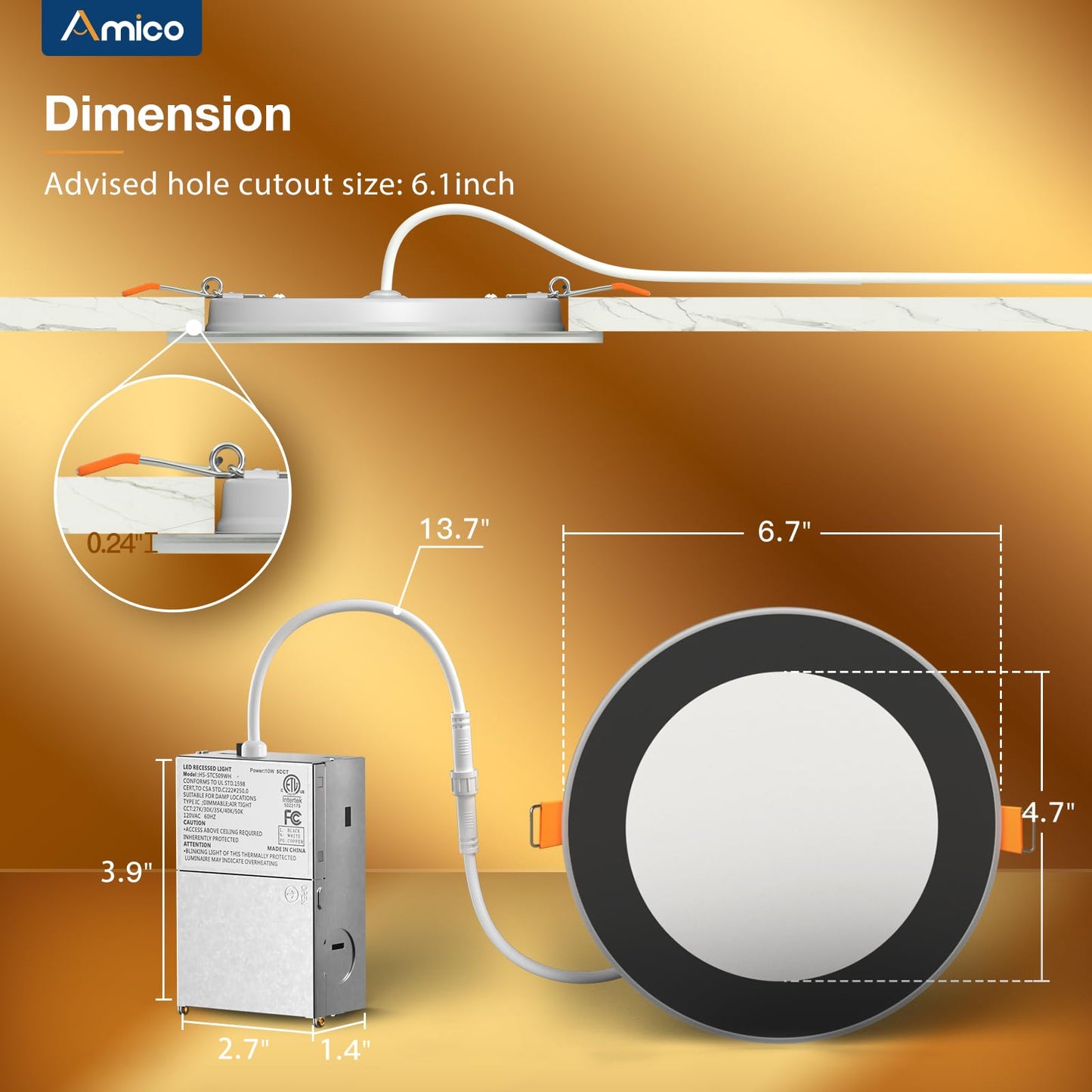 Amico 24 Pack 6 Inch 5CCT LED Recessed Ceiling Light with Night Light, 2700K/3000K/3500K/4000K/5000K Selectable Ultra-Thin Recessed Lighting, 12W=110W, 1100LM, Dimmable Canless Wafer Downlight ETL&FCC
