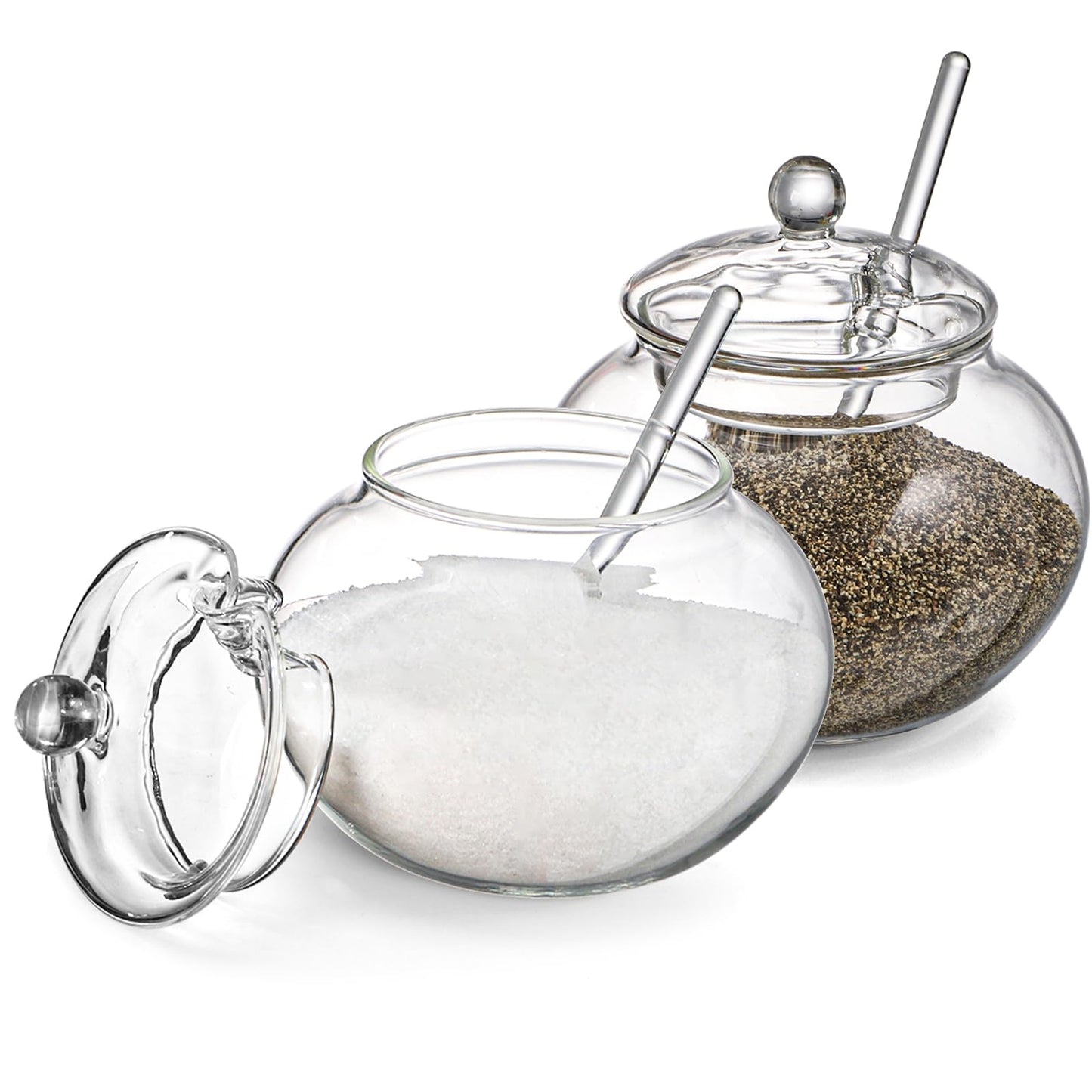 Frcctre Set of 2 Glass Sugar Bowl with Spoon and Lid, 11 Ounces Small Clear Salt Spice Pepper Seasoning Jar Condiment Container for Home Kitchen Coffee Bar