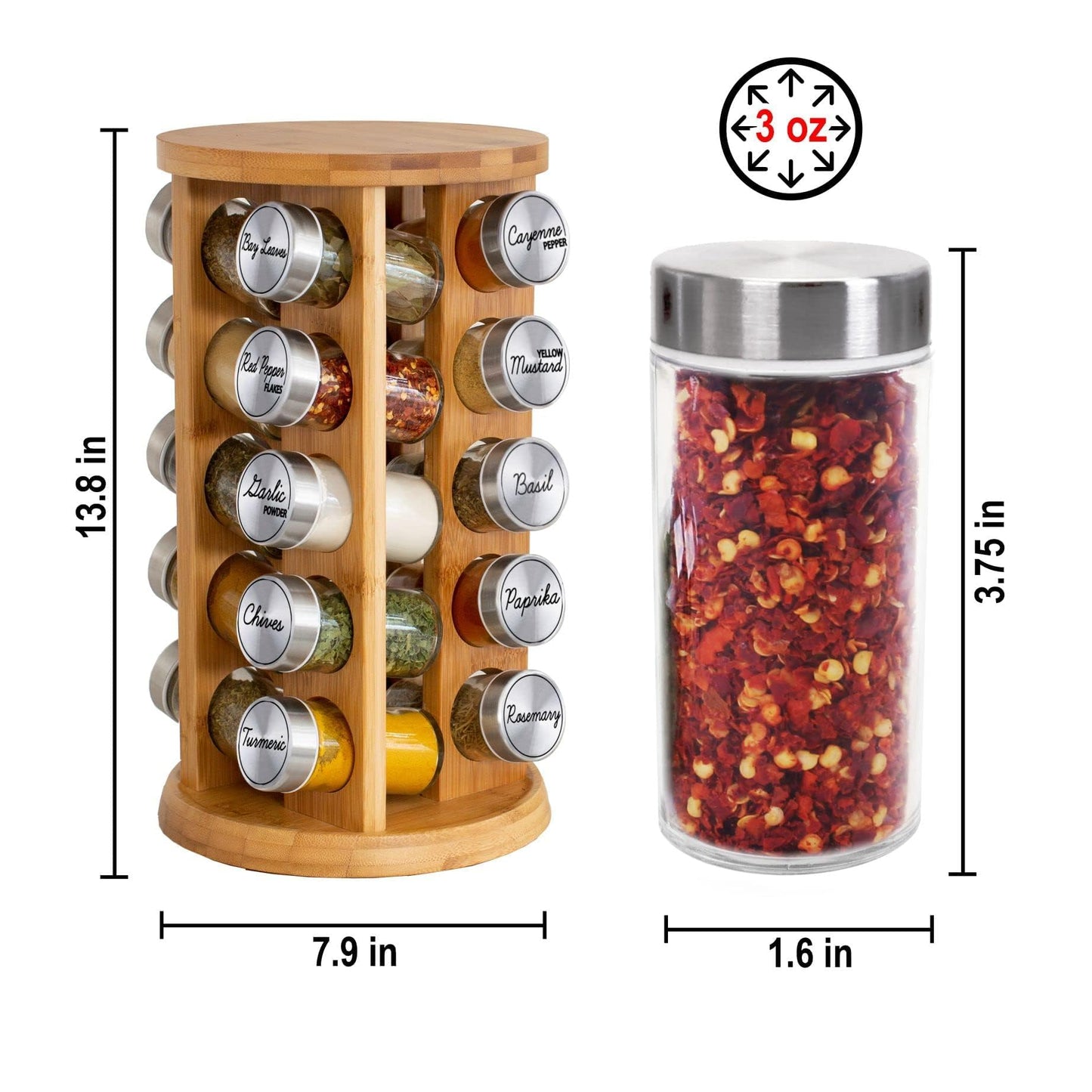 Orii 20 Jar Rotating Bamboo Spice Rack with Spices Included & 5-Year Free Spice Refill Program – Revolving Countertop Spice Rack with Glass Jars