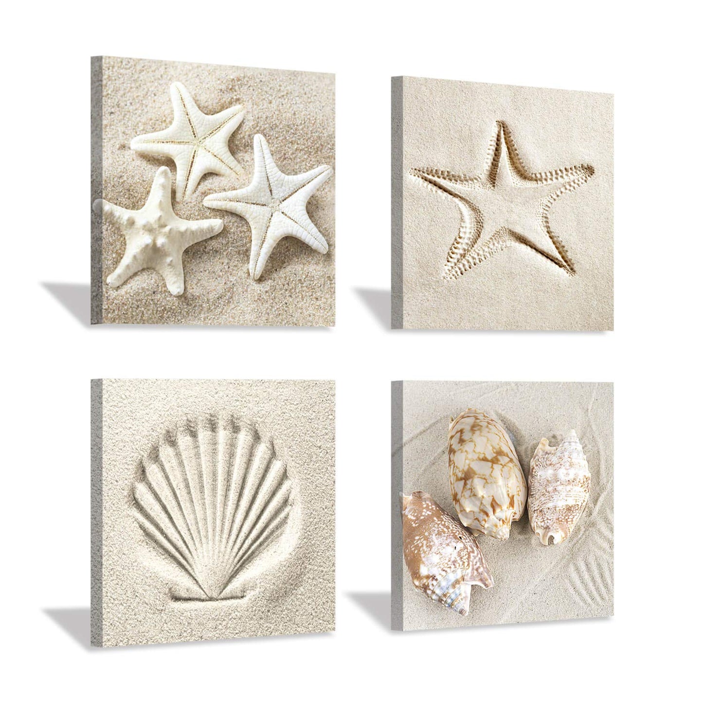 Hardy Gallery Coastal Serene Canvas Wall Art: Shells on Beach Sand Giclee Print Painting for Wall Decor for SPA Room (12''x12''x4pcs)