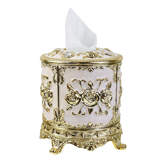 Geesatis Tissue Box Cover, Cylindrical Tissue Box Holder, Napkin Facial Tissues Holder for Bathroom Toilet Bedroom Living Room Table Desk Office Dresser, 1Pcs Gold 6.5''x6.1''