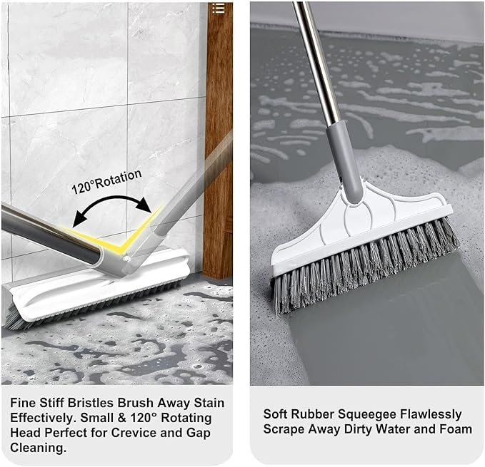 2 in 1 Floor Scrub Brush with V-Shape Stiff PVC Bristles, Stainless Steel Handle