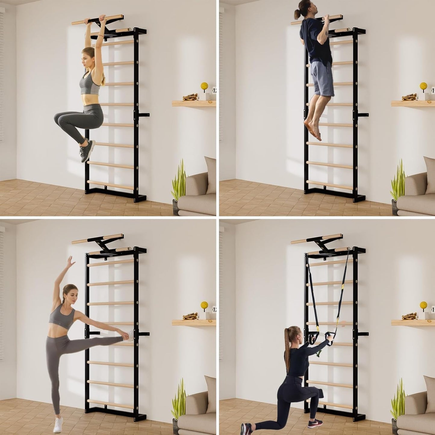 Gsskny Swedish Ladder, Wood Stall Bars Suspension Trainer with Pull-Up Bar & Rings for Straps, Swedish ladders Wall Gym Adult, Wall-Mounted Workout Ladder