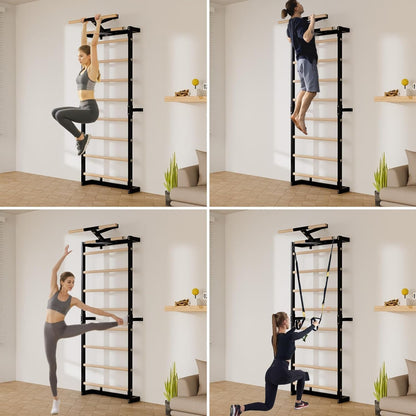 Gsskny Swedish Ladder, Wood Stall Bars Suspension Trainer with Pull-Up Bar & Rings for Straps, Swedish ladders Wall Gym Adult, Wall-Mounted Workout Ladder