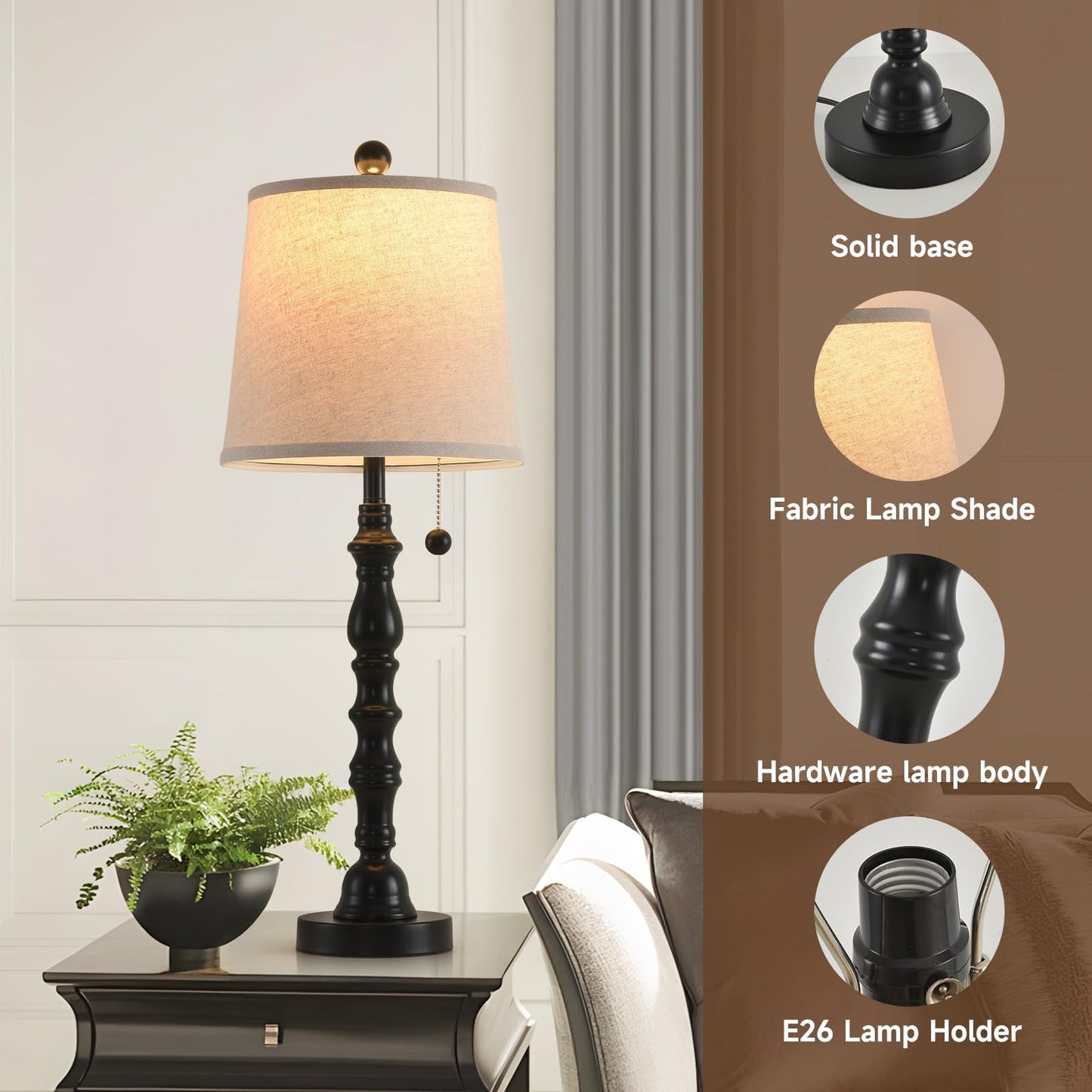 Terpsichore Lamps Set of 2 Modern Farmhouse Table Lamp Bedside Reading Lamps Living Room End Tables Set Lamps for Night Stands Bedroom Night Lamp,High 26.25 Inch, (Black, High 26.25 inches)
