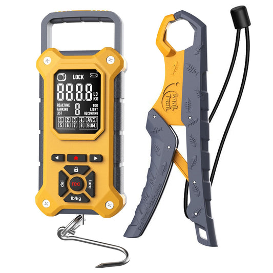 SNAIL TRAIL 8 Storage Bins 50 lbs Digital Fish Weighing Scale & 7.5'' Lip Gripper, Bass Fishing Tournament Culling, Hand Held Travel Items, Electronic Hanging Weight Machine for Luggage, Suitcase, Bag