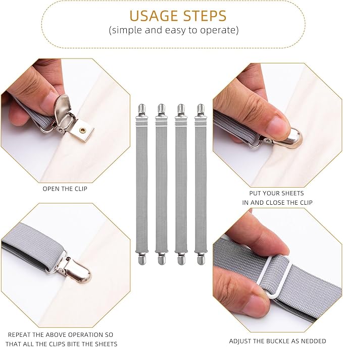 4Pcs Adjustable Bed Sheet Straps Clips, Elastic Mattress Sheet Fasteners Holder