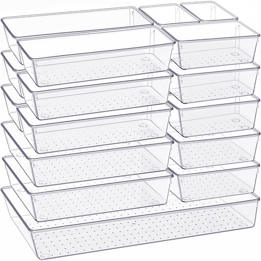 Criusia Drawer Organizer, 10 Pack Large Clear Plast Set, 3 Size Versatile Bathroom and Vanity Organizer Trays, Storage Bins for Makeup, Bedroom, Kitchen Utensils