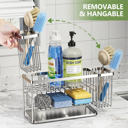 Cisily 2-Tier Kitchen Sink Caddy Organzier Rack with Flexible Dish Brush Holder, Sponge Holder for Kitchen Sink Countertop Organization Storage,Home Decor Accessories Essentials Stainless Steel