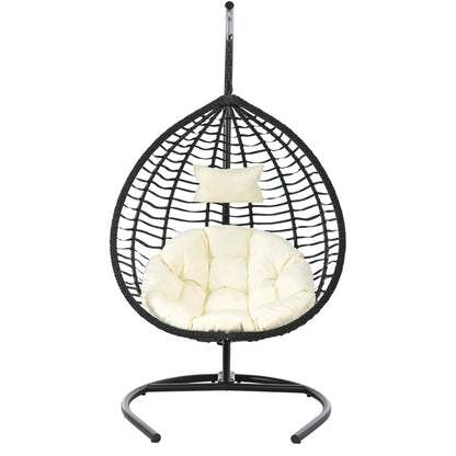 Merax Indoor Outdoor Hanging Hammock Chair with Stand, Foldable Rattan Egg Swing Chair with Iron Frame and Plush Cushion & Removable Headrest,Suitable for Porch Garden,Balcony,Indoor, Black+Beige