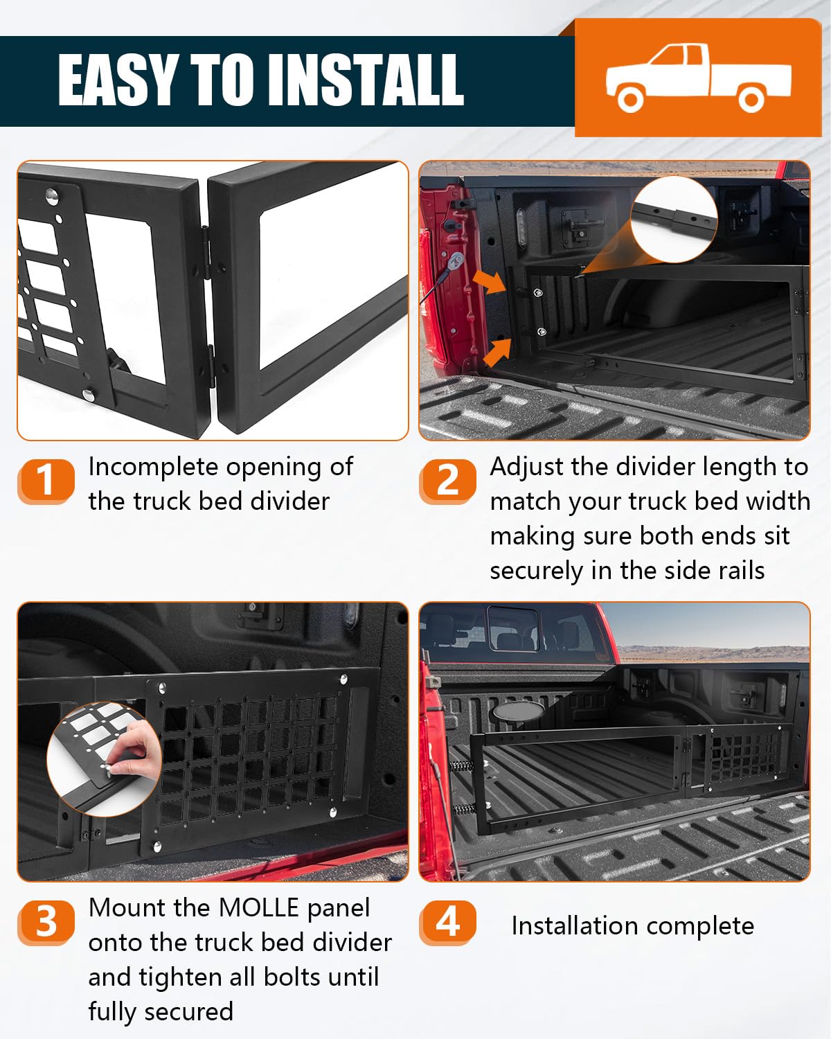 NORTHYUN Adjustable Truck Bed Divider 47–67 in, Foldable Aluminum Cargo Organizer with MOLLE Panel No-Drill Installation Fits Most Pickup Beds