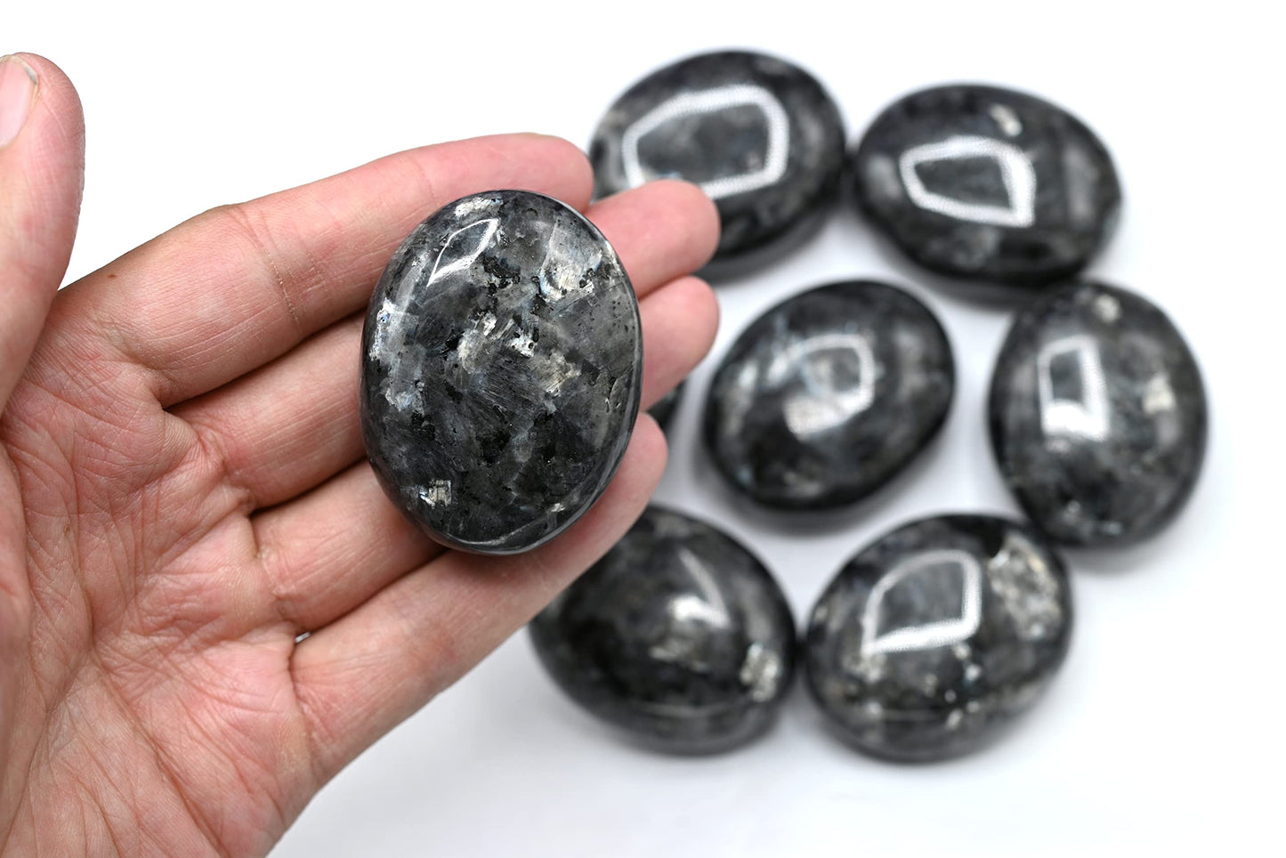 Amazing Gemstone Larvikite Crystals and Healing Stones - Large Palm Stone Crystals Piedra - Crystal for Good Luck, Balanced Positive Energy, Meditation - Unique Stocking Stuffers, Gifts for Women, Men