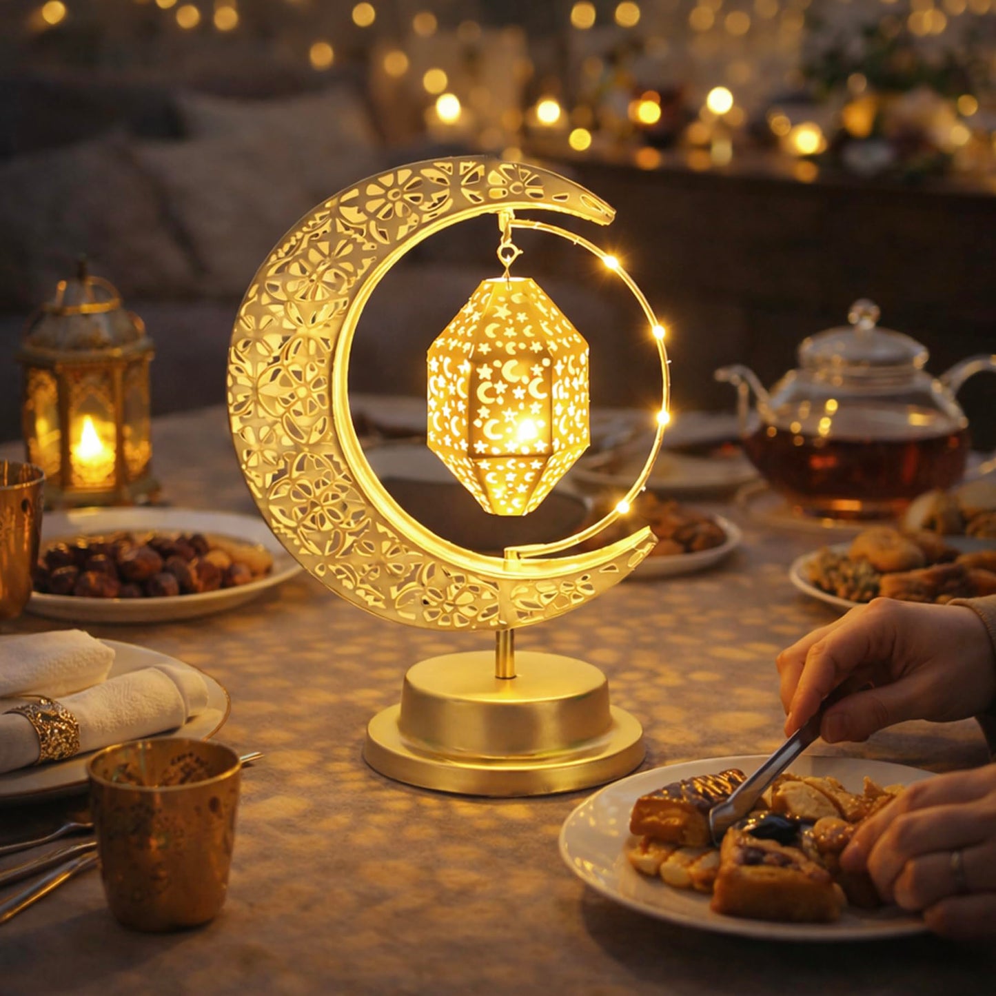 Lifnatty Ramadan Moon Lamp Decorations, Crescent Moon with Ramadan Lantern, Rotating Ramadan Table Lamp, Ramadan Decorations for Home, Eid Mubarak Decorations, Battery Operated Metal Eid Gifts