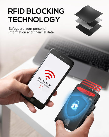 Taykos Minimalist Mens Wallet Card Holder: Pop Up Card Case, Genuine Leather, Smart, RFID Blocking, Slim, Thin, Front Pocket, Gift Box - 9-12 Card Capacitiy, Cash Pocket (Black)