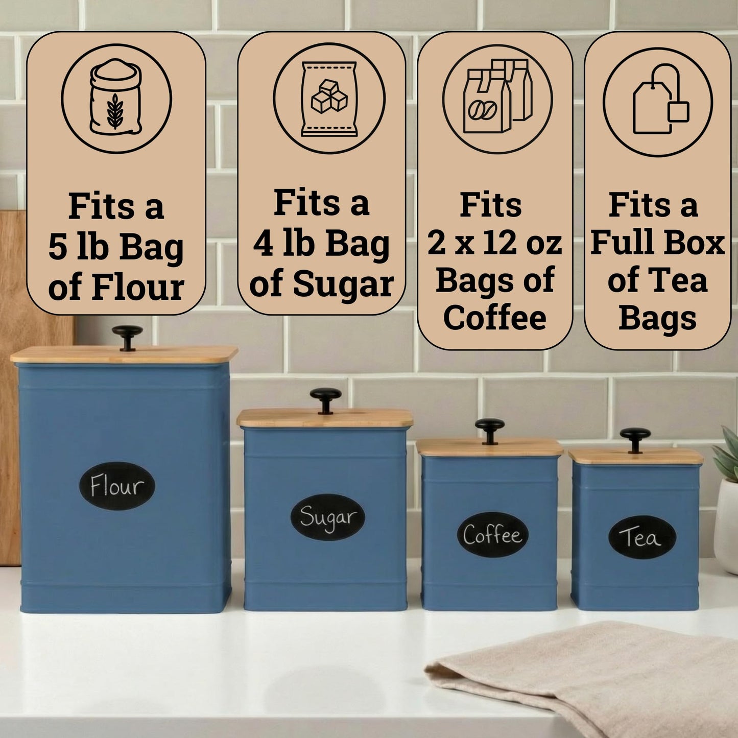 Kitchen Canisters for Countertop Set of 4 with Customizable Chalkboard Labels & Marker Pen - Big Iron Kitchen Canister Set with Airtight Lids - Blue Canisters - Sugar Tea Coffee Containers Sets