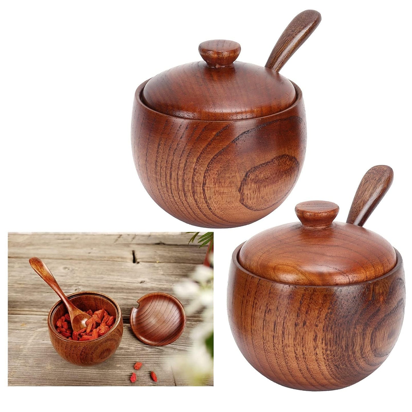 Kukyller 2PCS Wooden Salt Box with Lid Spoon, Sugar Bowl Pepper Seasoning Container, Wooden Salt Container for Kitchen Serving Condiment Chili Powder 2 * 4 * 3.5in