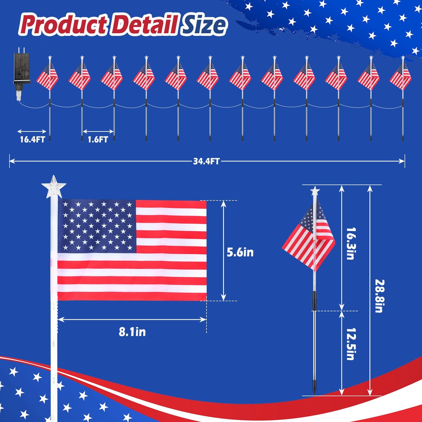 DTNESS 12 Pack 108 LED American Flag Pathway Lights, 4th of July Decoration Outdoor, Waterproof Patriotic USA Flag Stake Lights w/ 8 Modes, Red White Blue Lights for Memorial Day Independence Day